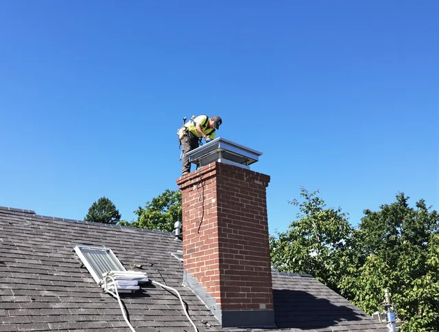 Vernon Chimney Sweep technician measuring a chimney cap in Vernon, CT