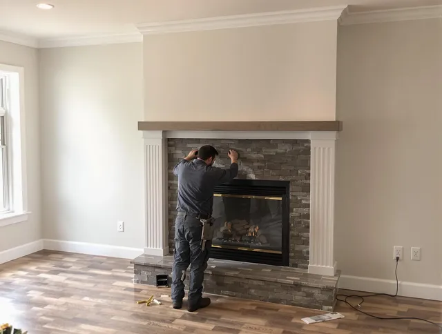 Vernon Chimney Sweep finishing a custom fireplace install in Vernon, CT